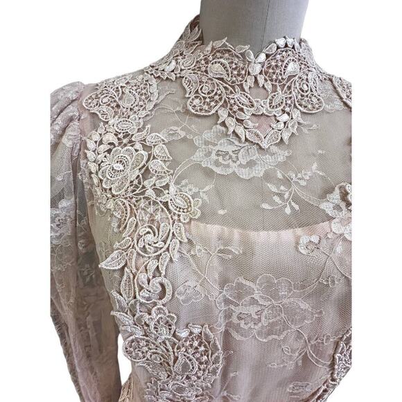 VTG CACHET by BARI PROTAS Blush Pink  Lace Victorian Revival Dress 80s  Sz M - Picture 3 of 7